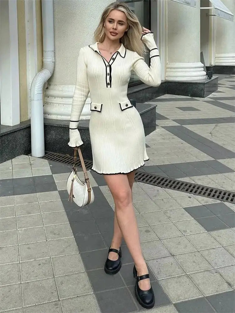 Ruffled Fashion Knitted Dress Women Spring Ribbed