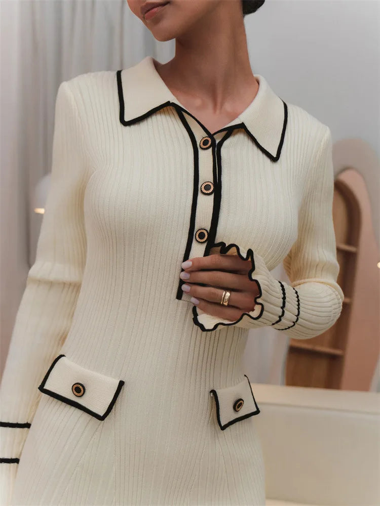 Ruffled Fashion Knitted Dress Women Spring Ribbed