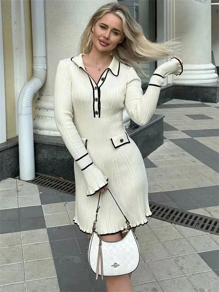 Ruffled Fashion Knitted Dress Women Spring Ribbed